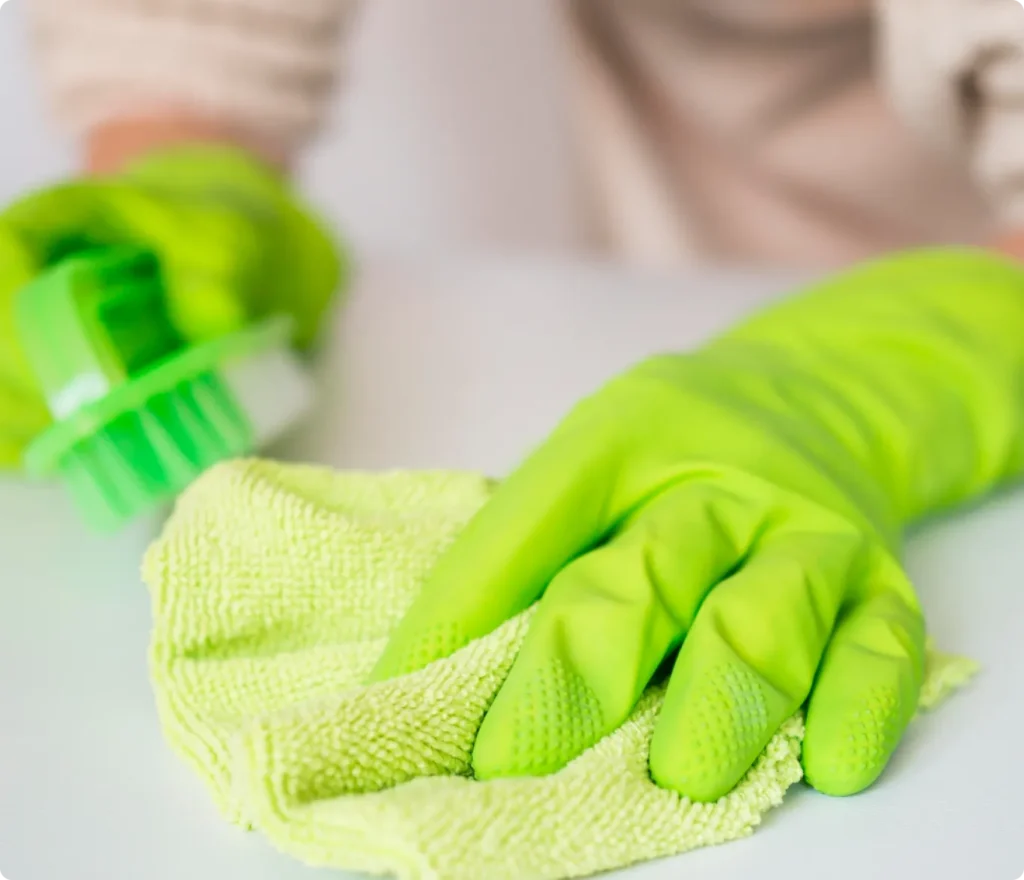 Close-up of eco-conscious surface sanitization by Beeyond Facility Services, leaders in Green Commercial Cleaning in Washington, D.C. (Metro Center).