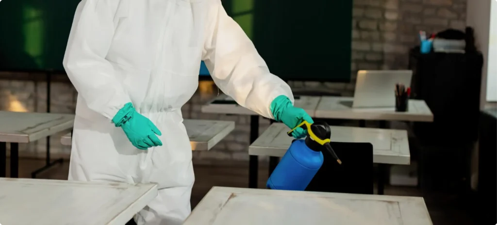 Professional deep cleaning and surface disinfection in progress by Beeyond Facility Services for commercial spaces in Washington, D.C. (Metro Center).