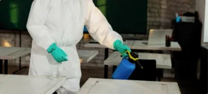 Professional deep cleaning and surface disinfection in progress by Beeyond Facility Services for commercial spaces in Washington, D.C. (Metro Center).