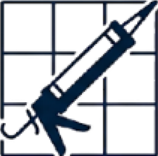 Icon of a caulking gun over a tiled surface, representing commercial caulking, sealing, and waterproofing maintenance.